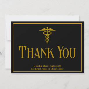 Elegant Medical School Graduation Black Gold Thank You Card