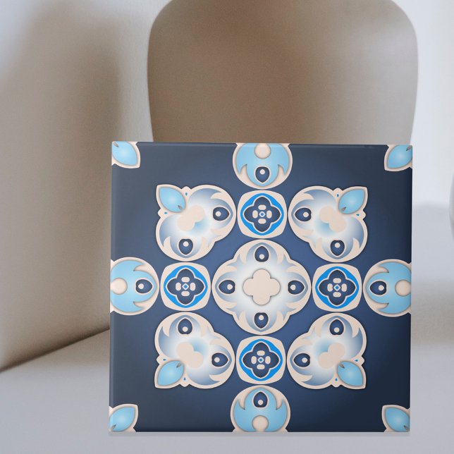 Elegant Mediterranean Blue Beige Medallion  Ceramic Tile (Creator Uploaded)