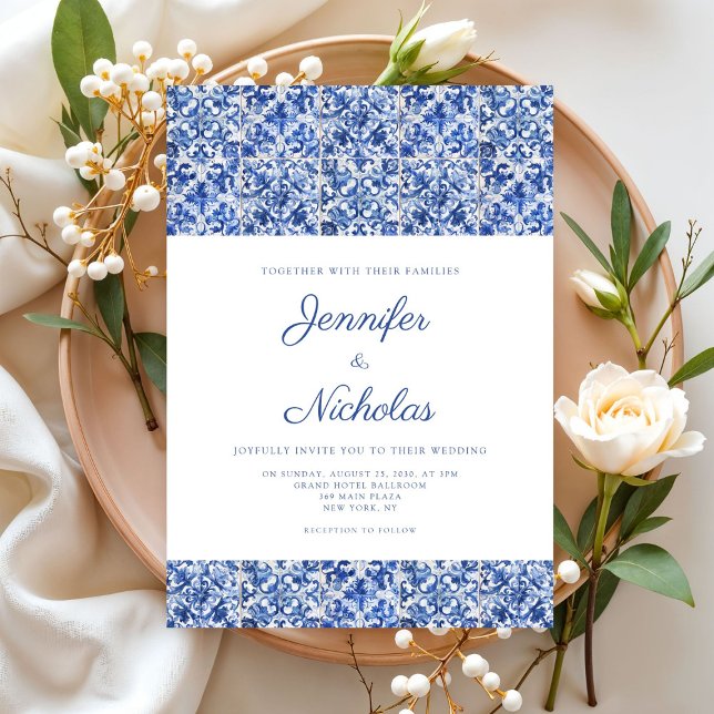 Elegant Mediterranean Blue Tiles Wedding Invitatio Invitation (Creator Uploaded)