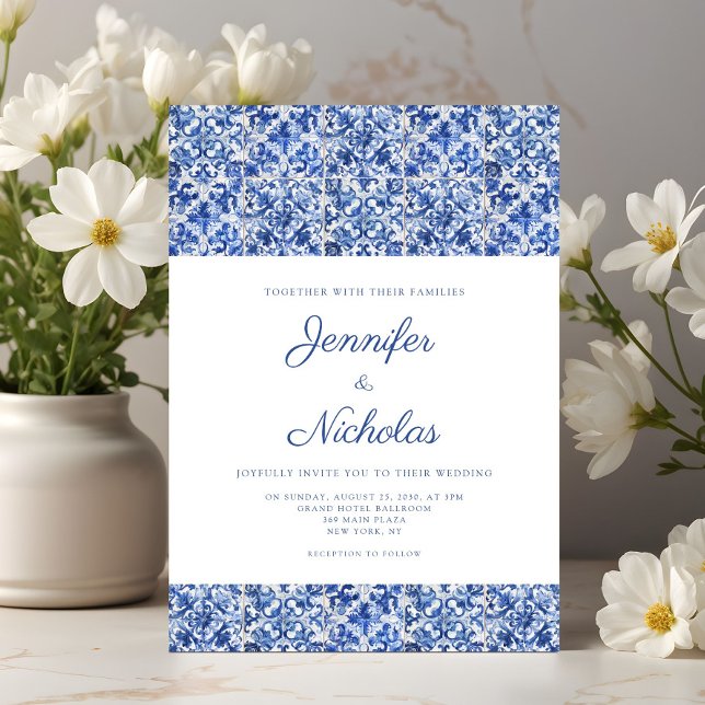 Elegant Mediterranean Blue Tiles Wedding Invitatio Invitation (Elegant Mediterranean Blue Tiles Wedding Invitation)