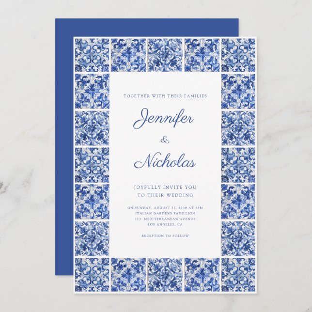 Elegant Mediterranean Blue Tiles Wedding Invitation (Front/Back)