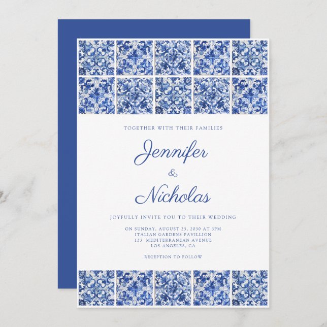 Elegant Mediterranean Blue Tiles Wedding Invitation (Front/Back)