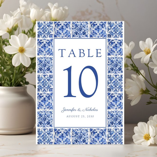 Elegant Mediterranean Blue Tiles Wedding Table Number (Elegant Mediterranean Blue Tiles Wedding Table Number)