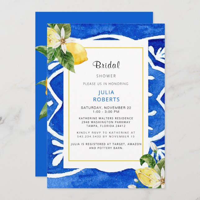 Elegant Mediterranean Floral & Lemon Bridal Shower Invitation (Front/Back)