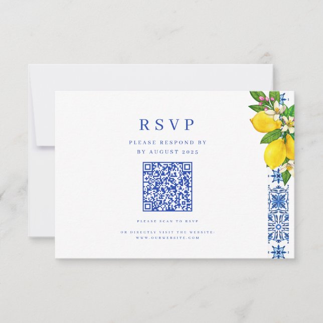 Elegant Mediterranean Lemon and Blue Wedding QR RSVP Card (Front)