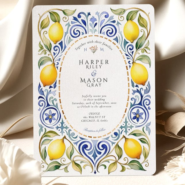 Elegant Mediterranean Lemon & Blue Tile Wedding Invitation (Creator Uploaded)