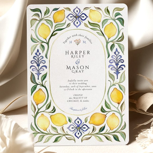 Elegant Mediterranean Lemon & Blue Tile Wedding Invitation (Creator Uploaded)