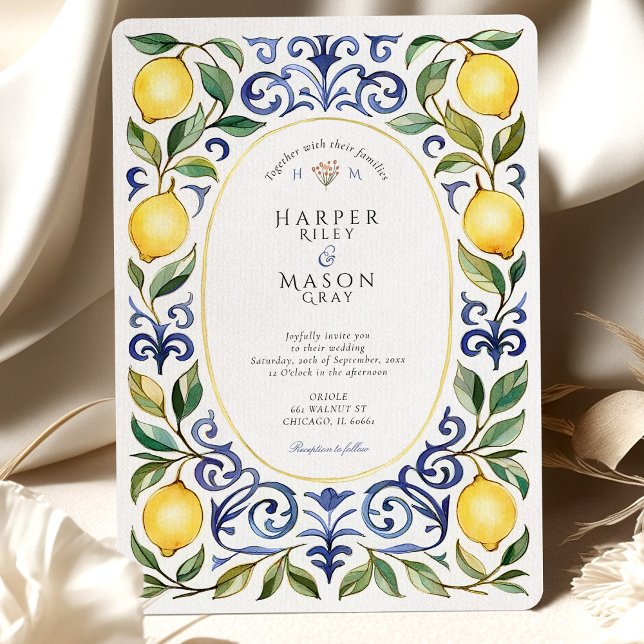 Elegant Mediterranean Lemon & Blue Tile Wedding Invitation (Creator Uploaded)