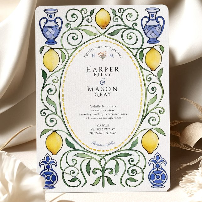 Elegant Mediterranean Lemon & Blue Tile Wedding Invitation (Creator Uploaded)