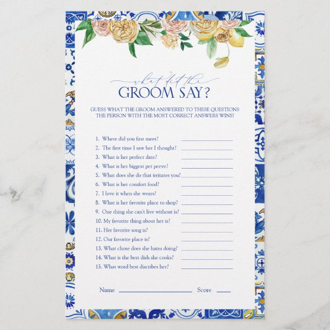 Elegant Mediterranean Lemon Bridal Shower Game (Front)