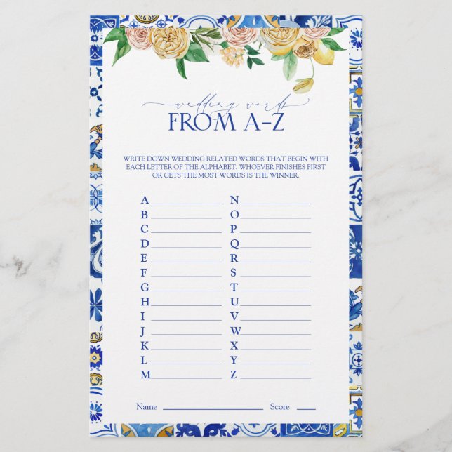 Elegant Mediterranean Lemon Bridal Shower Game (Front)