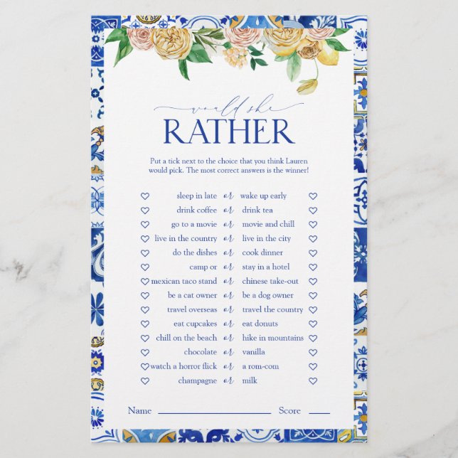 Elegant Mediterranean Lemon Bridal Shower Game (Front)