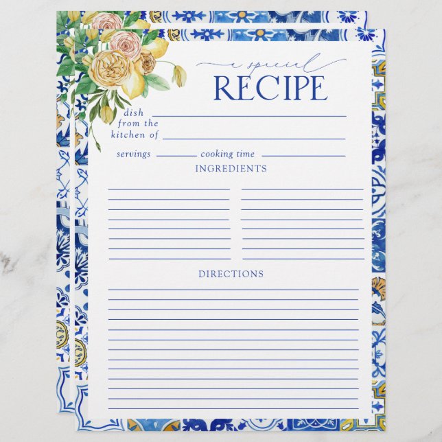 Elegant Mediterranean Lemon Bridal Shower Recipe (Front/Back)