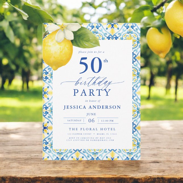 Elegant Mediterranean Lemon Floral 50th Birthday Invitation (Creator Uploaded)