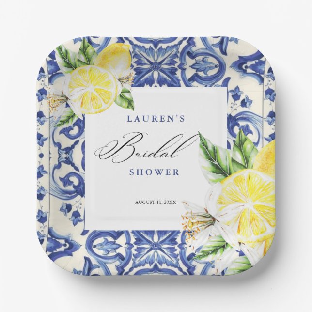 Elegant Mediterranean Lemon Floral Bridal Shower Paper Plate (Front)