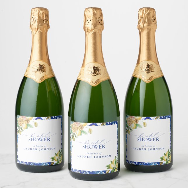  Elegant Mediterranean Lemon Floral Bridal Shower Sparkling Wine Label (Bottles)