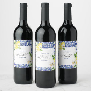 Elegant Mediterranean Lemon Floral Bridal Shower Wine Label