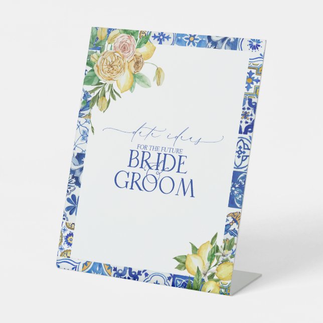 Elegant Mediterranean Lemon Floral Date Ideas Pedestal Sign (Front)