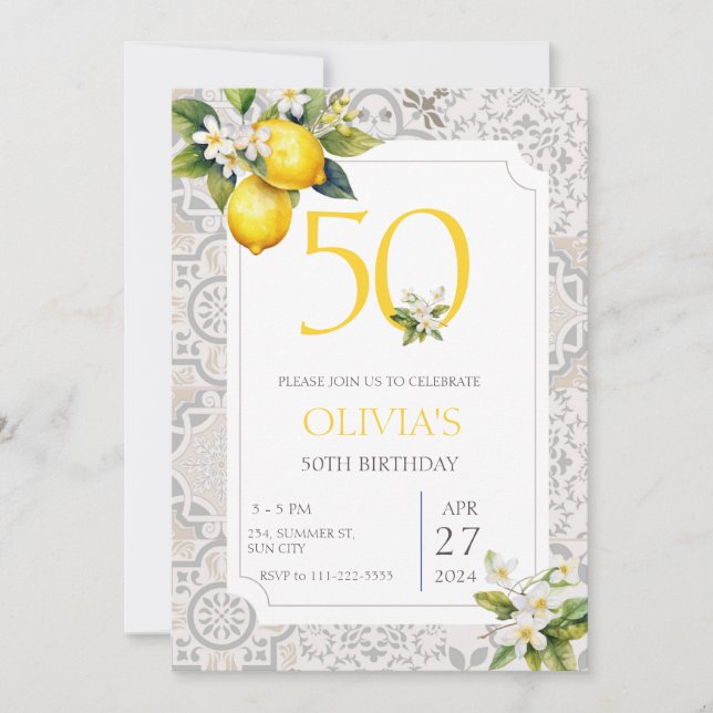 Elegant Mediterranean Lemon Italian 50th Birthday Invitation (Front)