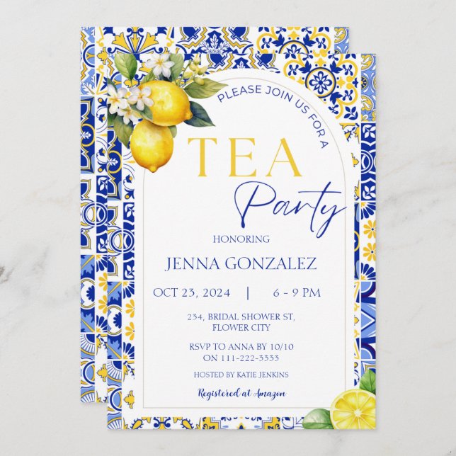 Elegant Mediterranean Lemon Tiles Bridal Tea Party Invitation (Front/Back)