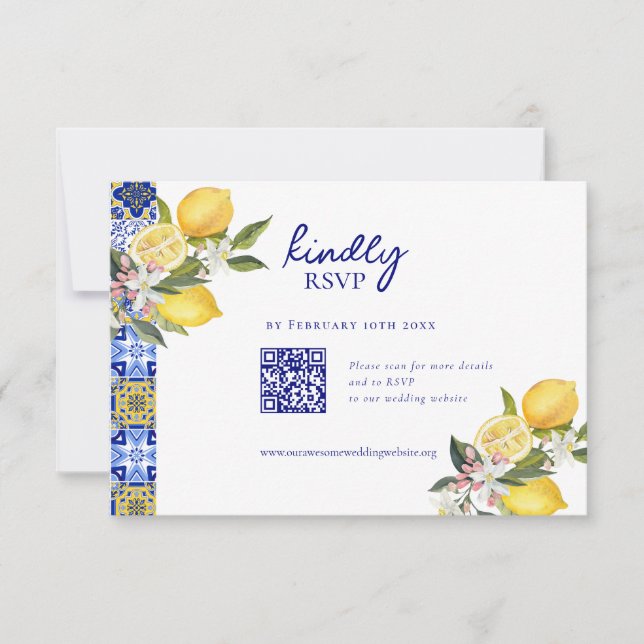 Elegant Mediterranean Lemon Wedding QR code RSVP Card (Front)
