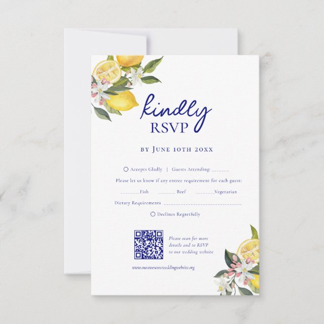 Elegant Mediterranean Lemon Wedding QR code RSVP Card (Front)
