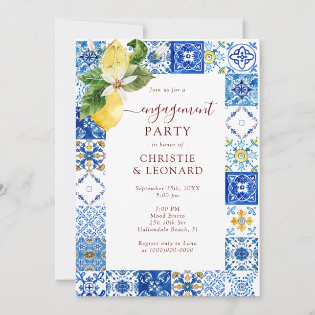 Elegant Mediterranean Lemons Engagement Invitation (Front)