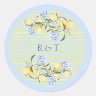 Elegant Mediterranean Lemons Initials Wedding Classic Round Sticker
