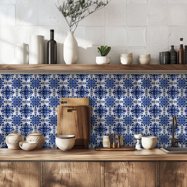 Elegant Mediterranean Navy Blue White Pattern Ceramic Tile (Creator Uploaded)