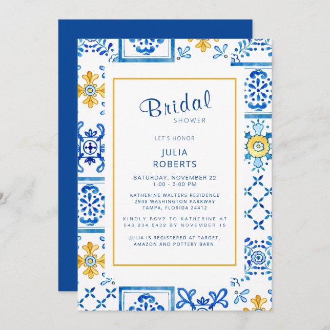 Elegant Mediterranean Tile Cobalt Bridal Shower In Invitation (Front/Back)