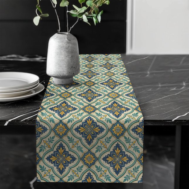 Elegant Mediterranean Tile Pattern pastel green Long Table Runner (Elegant Mediterranean Tile Pattern pastel green Long Table Runner)