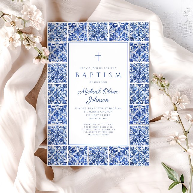 Elegant Mediterranean Tiles Boy Baptism  Invitation (Elegant Mediterranean Tiles Boy Baptism Invitation)