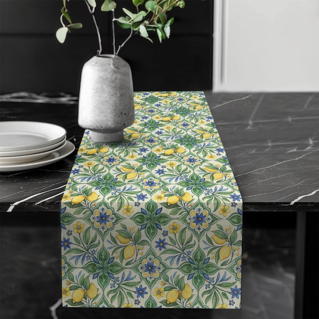 Elegant Mediterranean Tiles Yellow lemons Coastal Long Table Runner (Elegant Mediterranean Tiles Yellow lemons Coastal Long Table Runner)