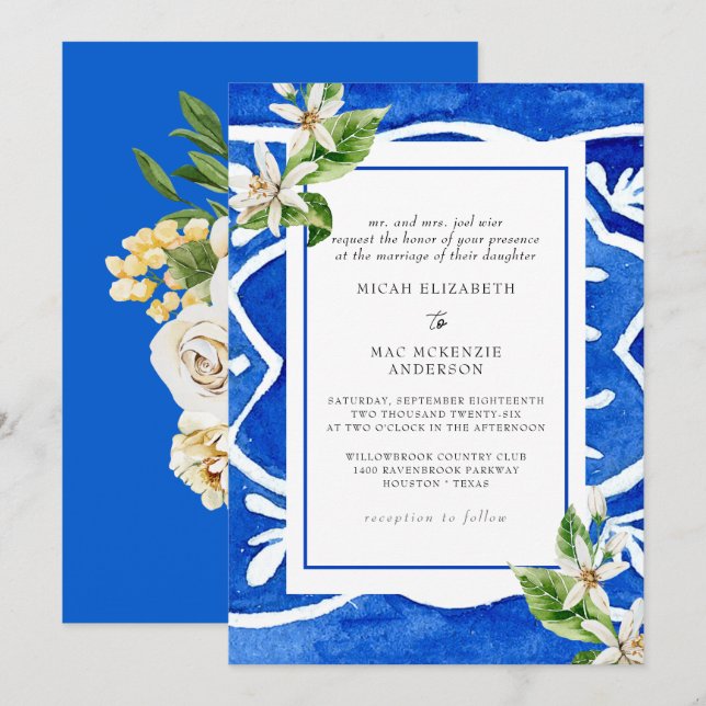 Elegant Mediterranean Watercolor Tile Bride Parent Invitation (Front/Back)