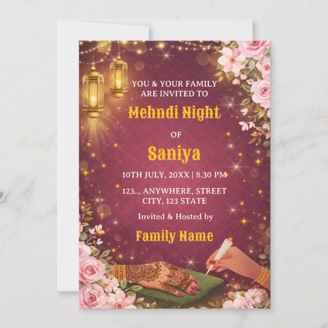 Elegant Mehndi Night Ceremony Invitation (Front)