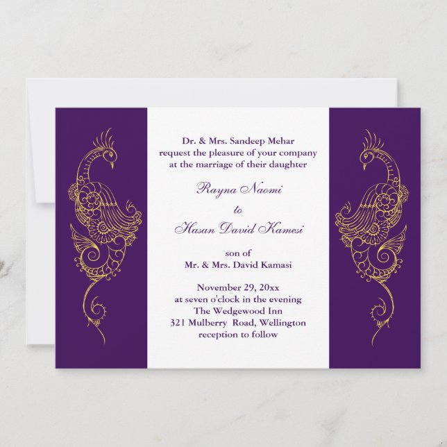 Elegant Mehndi Peacock Wedding Invite Purple White (Front)