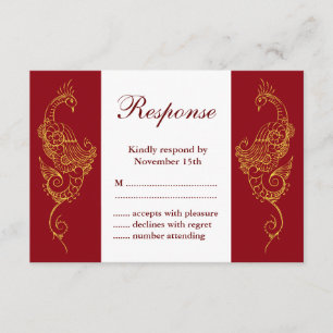 Elegant Mehndi Peacock Wedding RSVP - Red & White Card