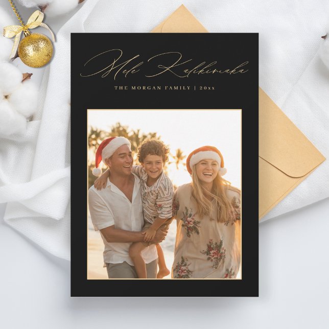 Elegant Mele Kalikimaka Black Gold Tropical Photo Holiday Card (Creator Uploaded)