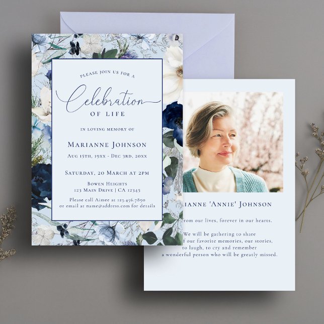 Elegant Memorial Blue Floral Celebration of Life Invitation (Creator Uploaded)