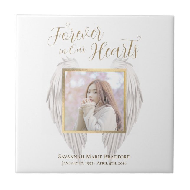 Elegant Memorial Forever in Our Hearts Photo Ceramic Tile (Front)