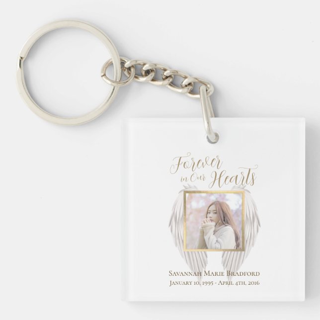 Elegant Memorial Forever in Our Hearts Photo Key Ring (Front)