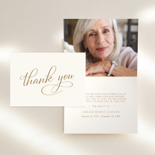 Elegant Memorial Photo Cream Gold Thank You Card