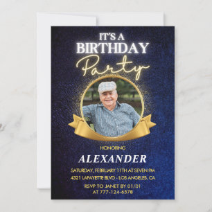 Elegant Men Navy Photo 89th birthday Invitation