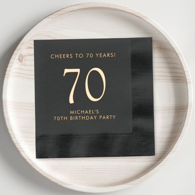 Elegant Mens 70th Birthday Party Foil Napkins (Elevate his 70th birthday party decor with these classic and elegant black and gold foil napkins)