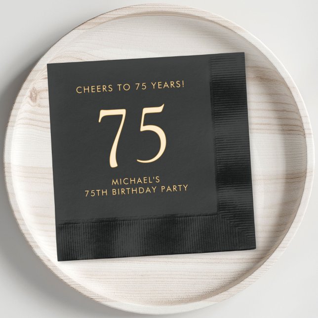 Elegant Mens 75th Birthday Party Foil Napkins (Elevate his 75th birthday party decor with these classic and elegant black and gold foil napkins)