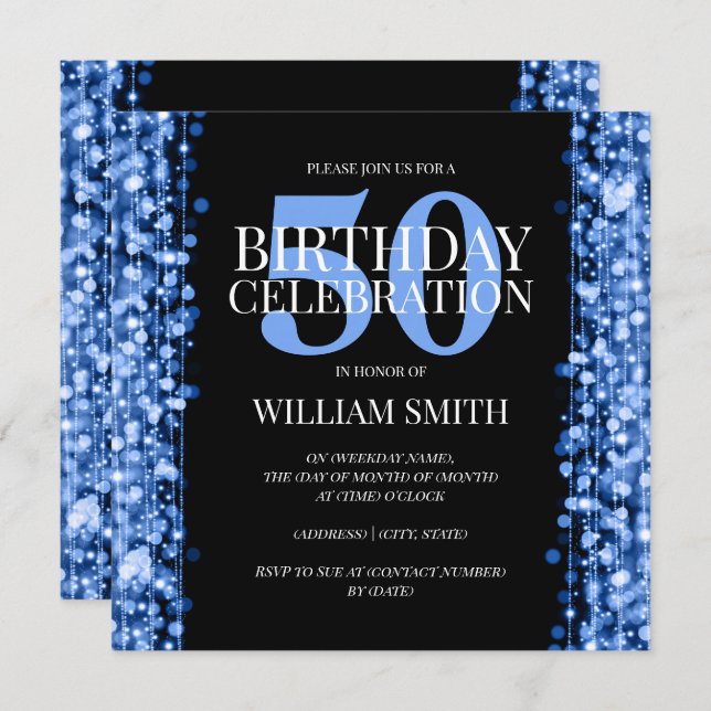 Elegant Mens Birthday Party Sparkles Blue Invitation (Front/Back)