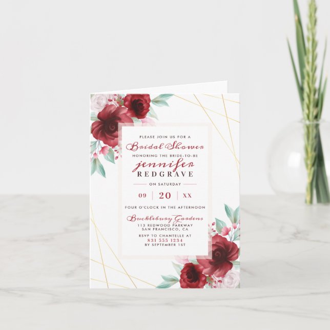 Elegant Merlot Glam Roses Floral Bridal Shower Invitation (Front)