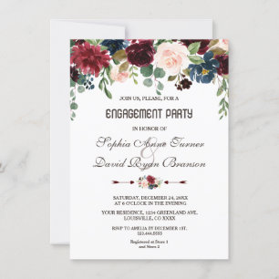 Elegant Merlot Navy Blue Floral Engagement Party Invitation