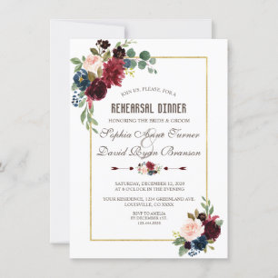 Elegant Merlot Navy Blue Floral Rehearsal Dinner Invitation