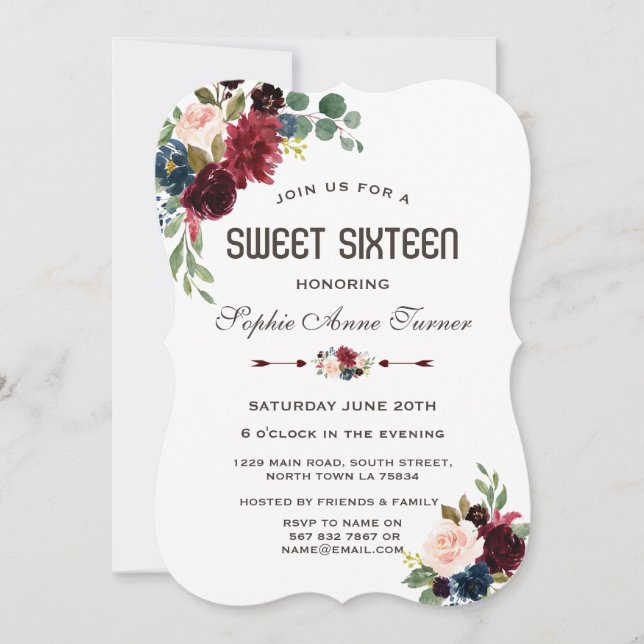 Elegant Merlot Navy Blue Floral Sweet 16 Invitation (Front)